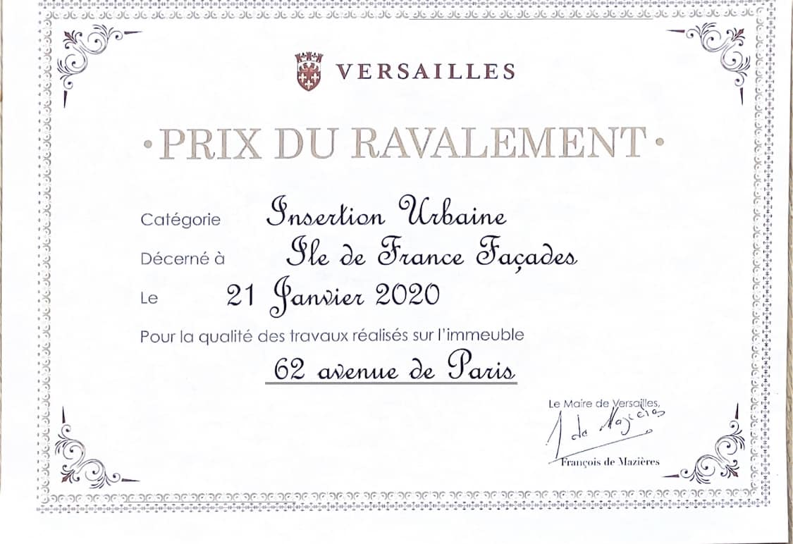 Diplôme du Prix du Ravalement de la Ville de Versailles 2020, catégorie Insertion Urbaine