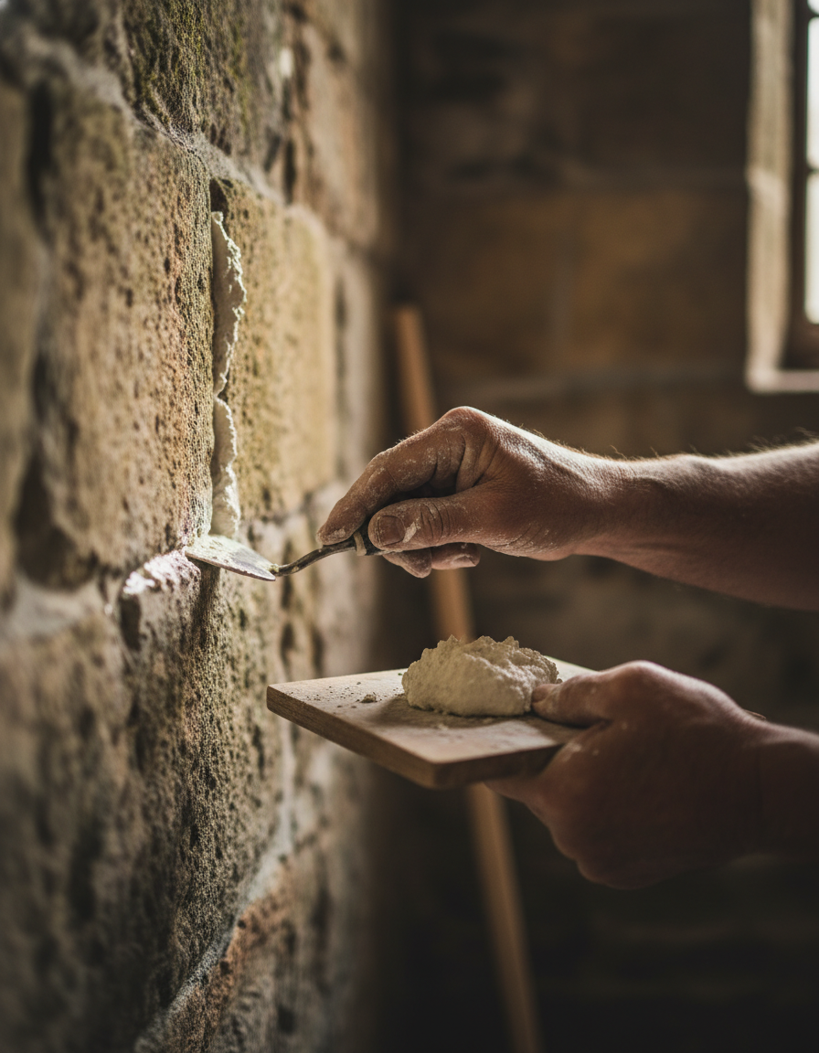 Compagnon travaillant avec précision sur la restauration d'une façade en pierre